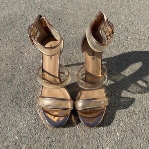 Bebe Rose Gold Metallic Clear Strap Stiletto Sandals Ankle Wrap Heels Size 9